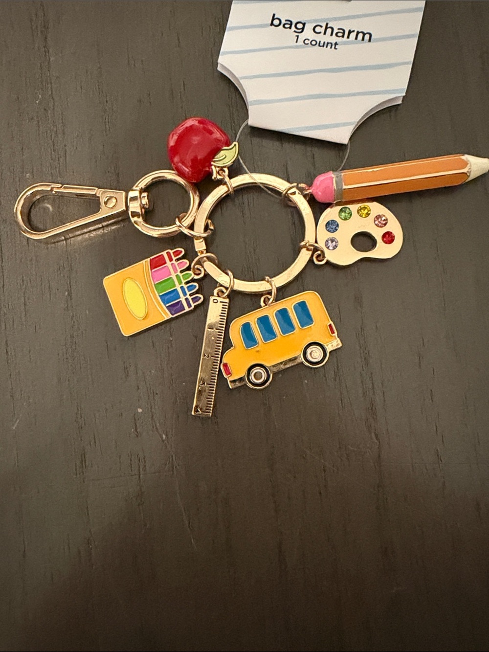 Kids School-Themed Bag Charm Keychain - Yellow Bus & Multicolor Accents